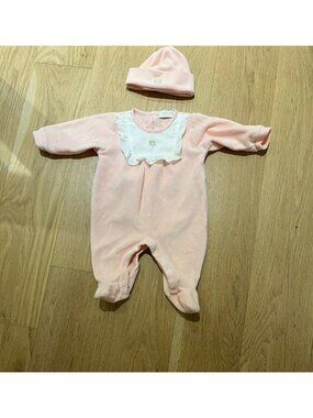 Escada pink velour baby girls footie with matching hat 3 months